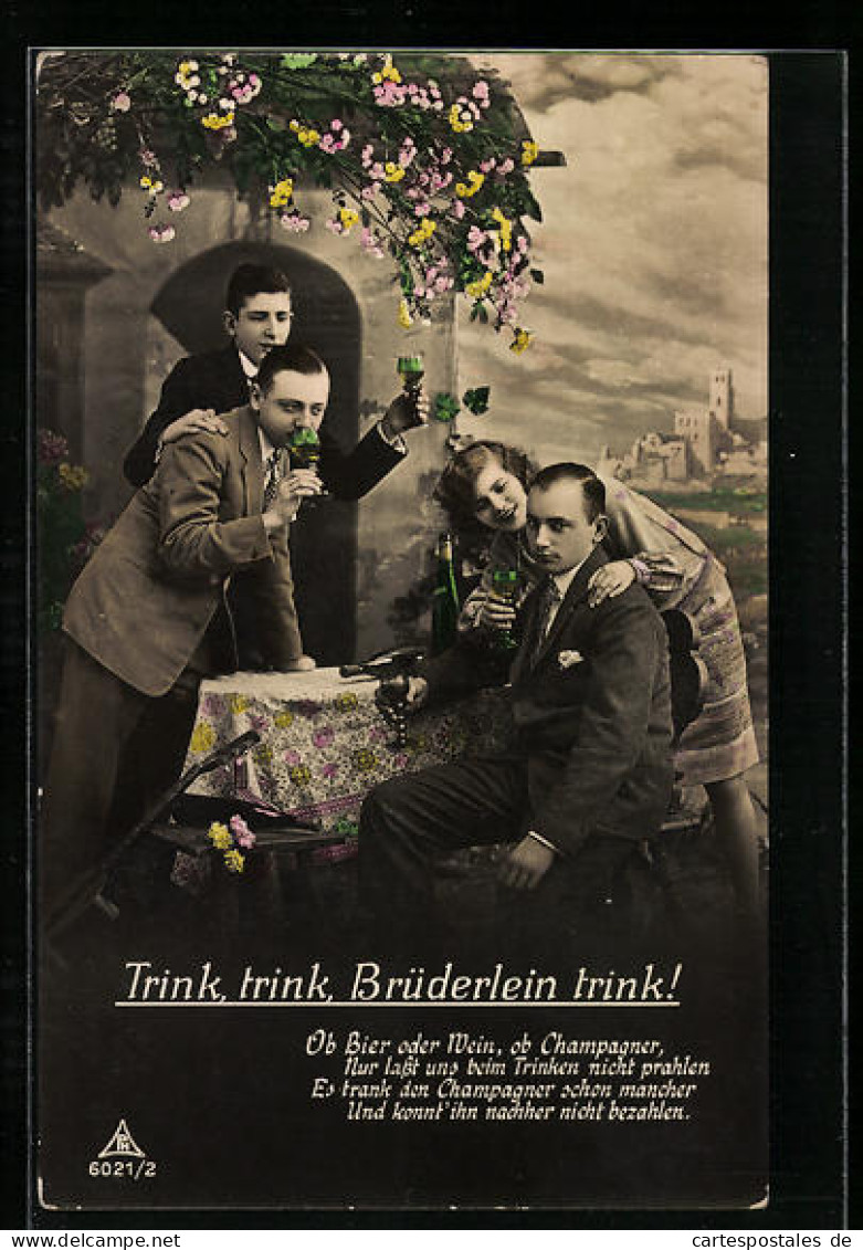 Foto-AK Photochemie Berlin Nr. 6021-2: Trink, Trink, Brüderlein Trink!, Herrenrunde Mit Einer Dame Beim Weinumtrunk  - Fotografie