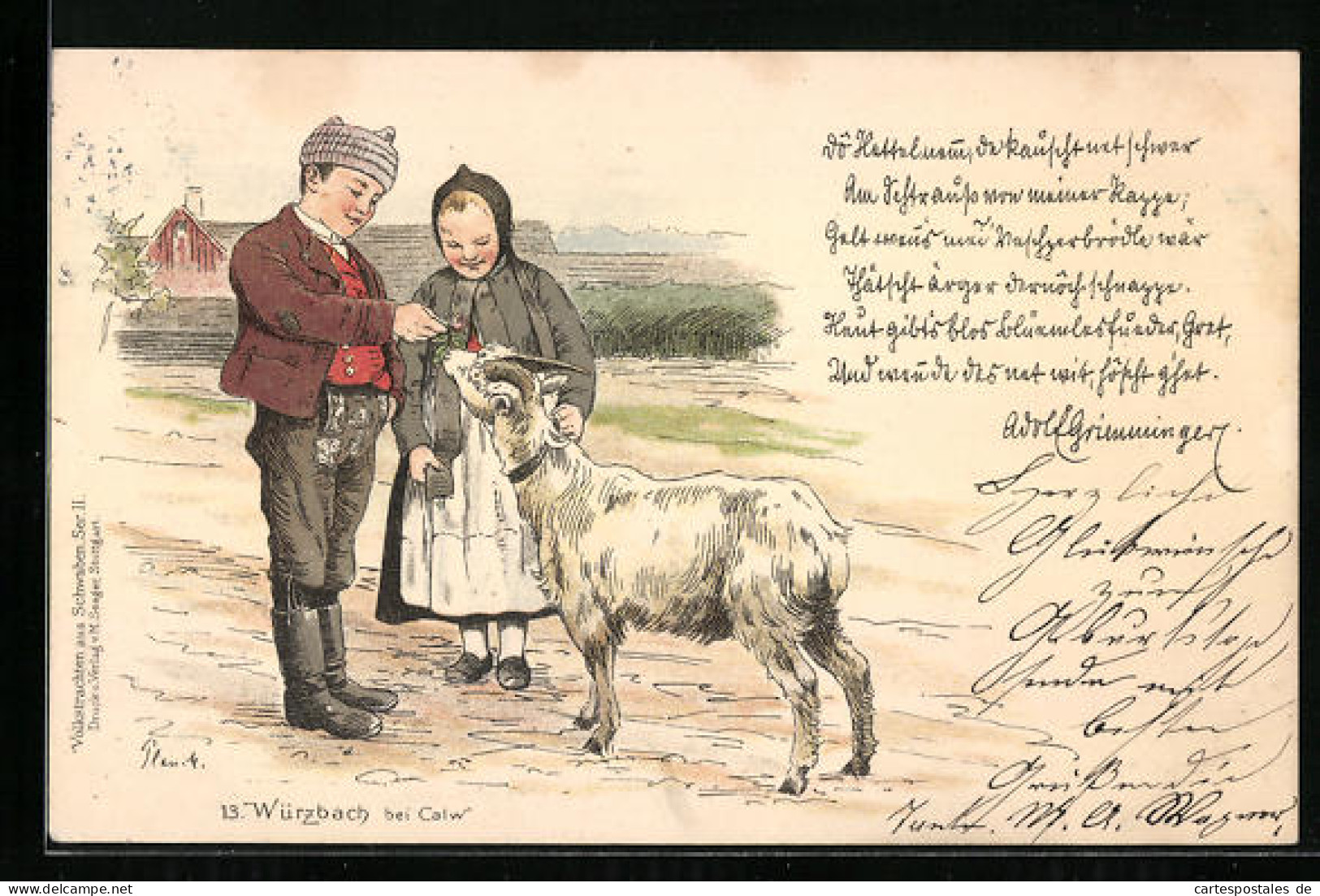 Lithographie Würzbach Bei Calw, Kinder In Trachten Füttern Eine Ziege  - Calw