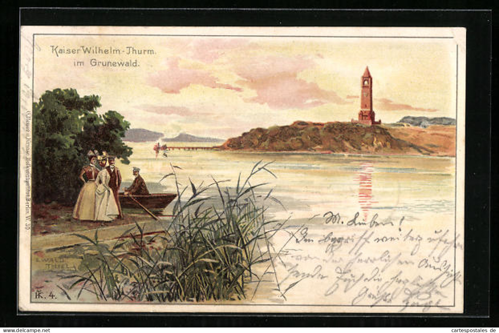 Künstler-AK Berlin-Grunewald, Ruderboot Am Ufer Mit Blick Zum Kaiser Wilhelm-Turm  - Grunewald