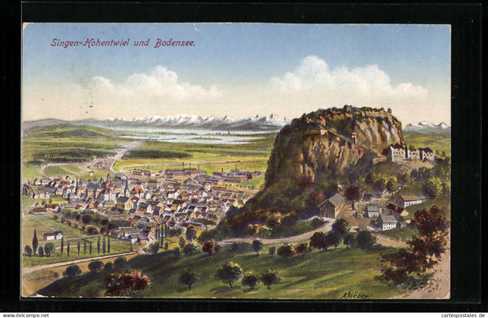 Künstler-AK Singen-Hohentwiel, Blick Auf Die Stadt Unterhalb Der Burg  - Singen A. Hohentwiel