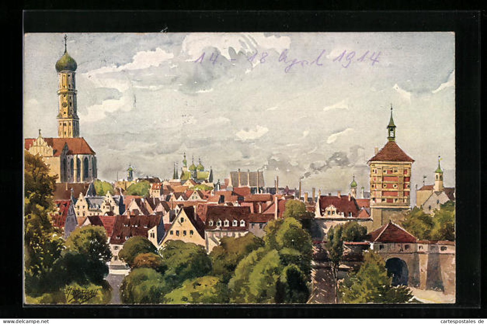 Künstler-AK Augsburg, Blick Auf Die St. Ulrichskirche Und Das Rote Tor  - Augsburg