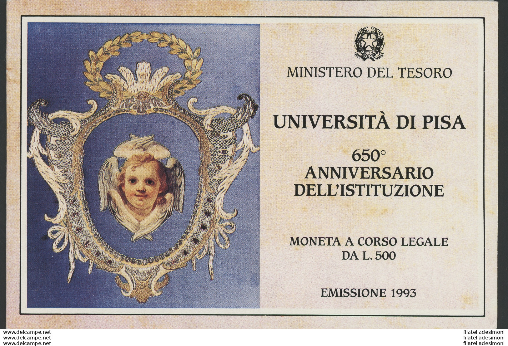 1993 Italia - Repubblica Italiana - 500 Lire Commemorative Università Di Pisa - Cartoncino Ufficiale - FDC - 500 Lire