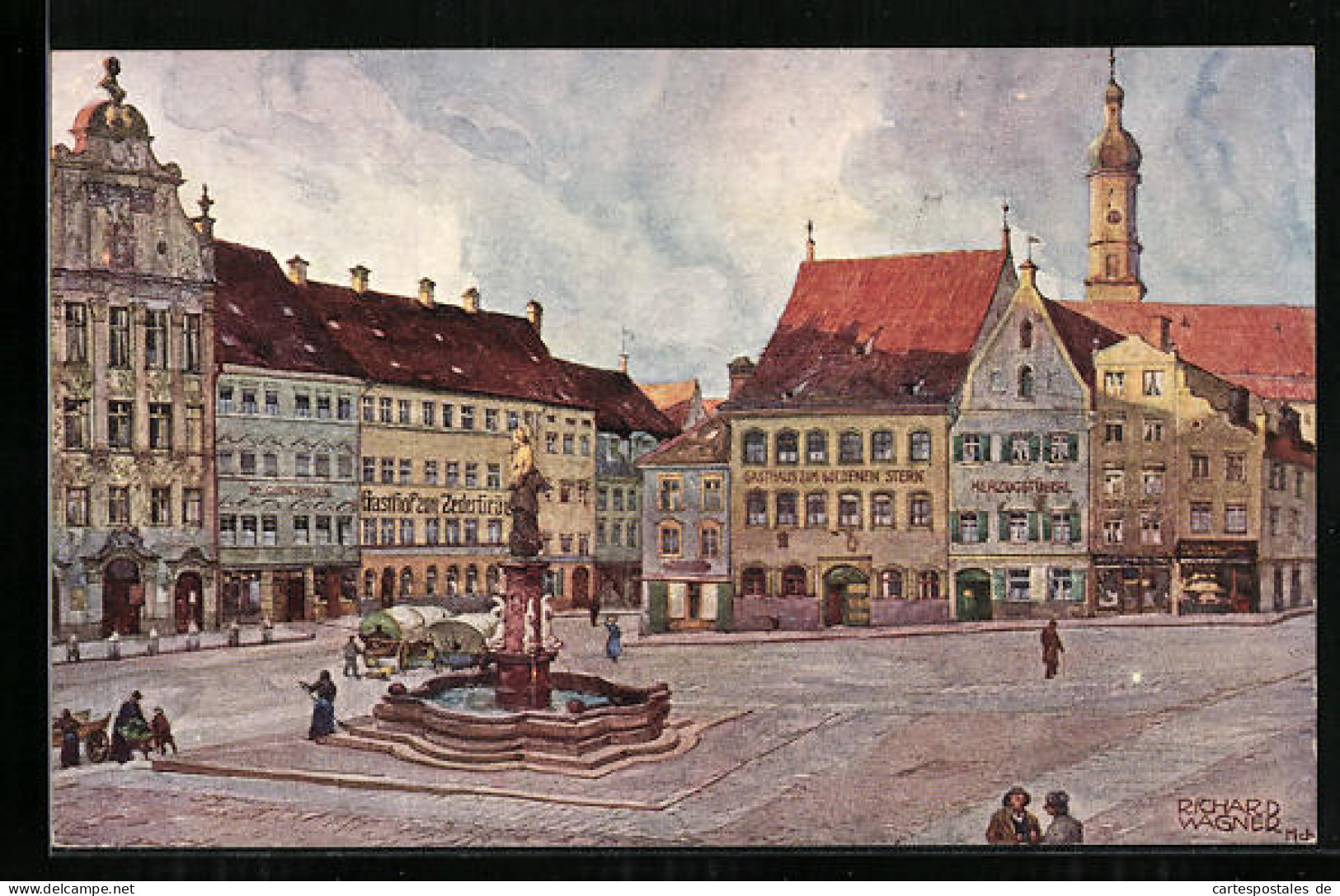 Künstler-AK Richard Wagner: Landsberg A. Lech, Hautplatz Mit Gasthof Zum Zederbräu U. Goldenen Stern  - Wagner, Richard