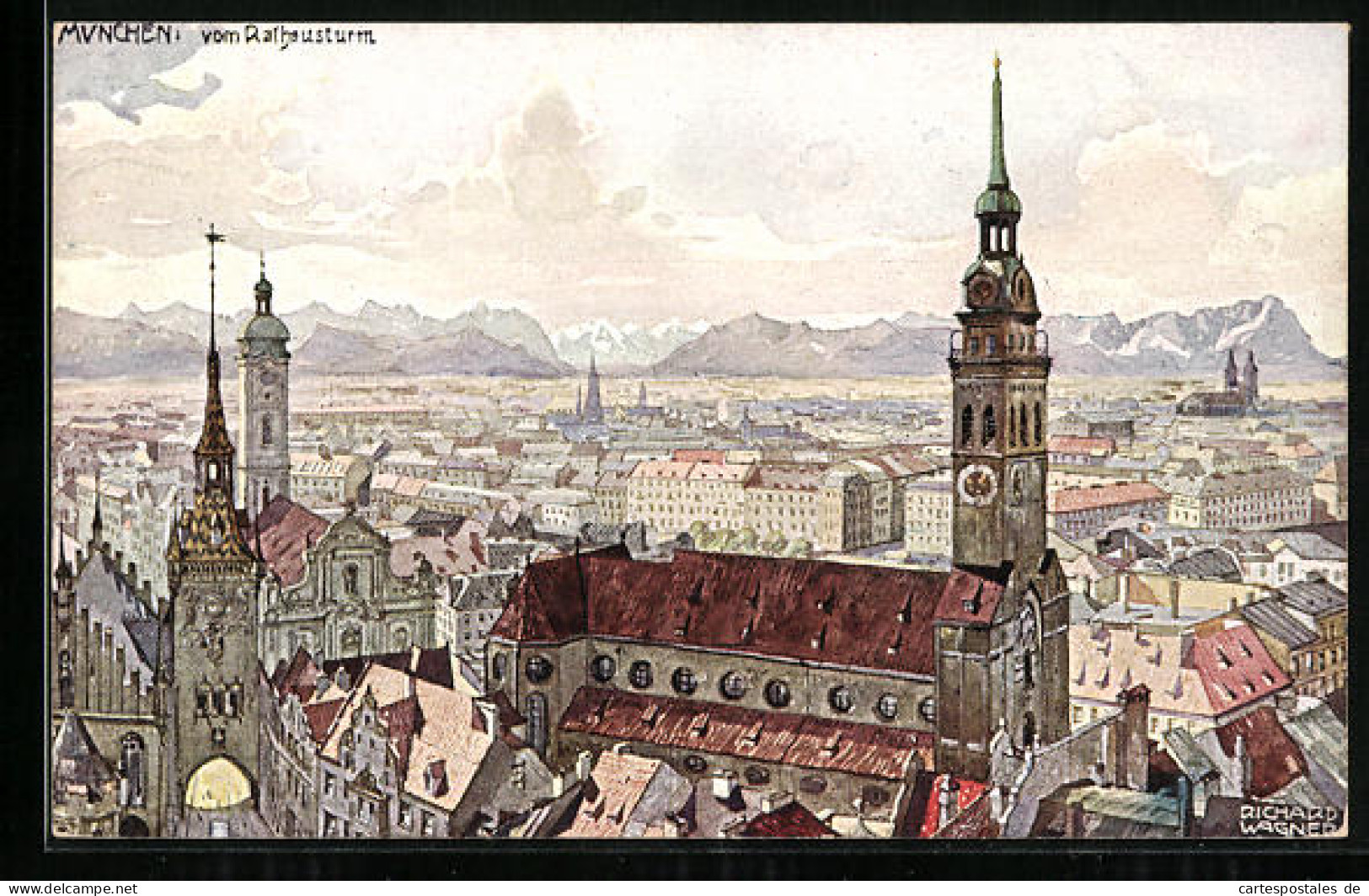 Künstler-AK Richard Wagner: München, Ortsansicht Vom Rathausturm, Mit Alpen  - Wagner, Richard