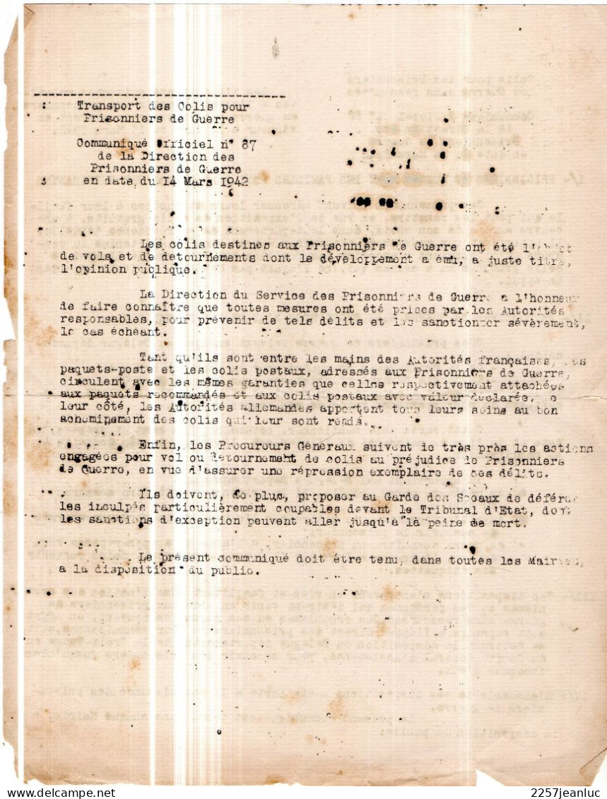 Communiqué Officiel N: 87 Et 88 Au Dos  De La Direction Des  Prisonniers De Guerre ... En Date Du 14  Mars  1942 - Décrets & Lois