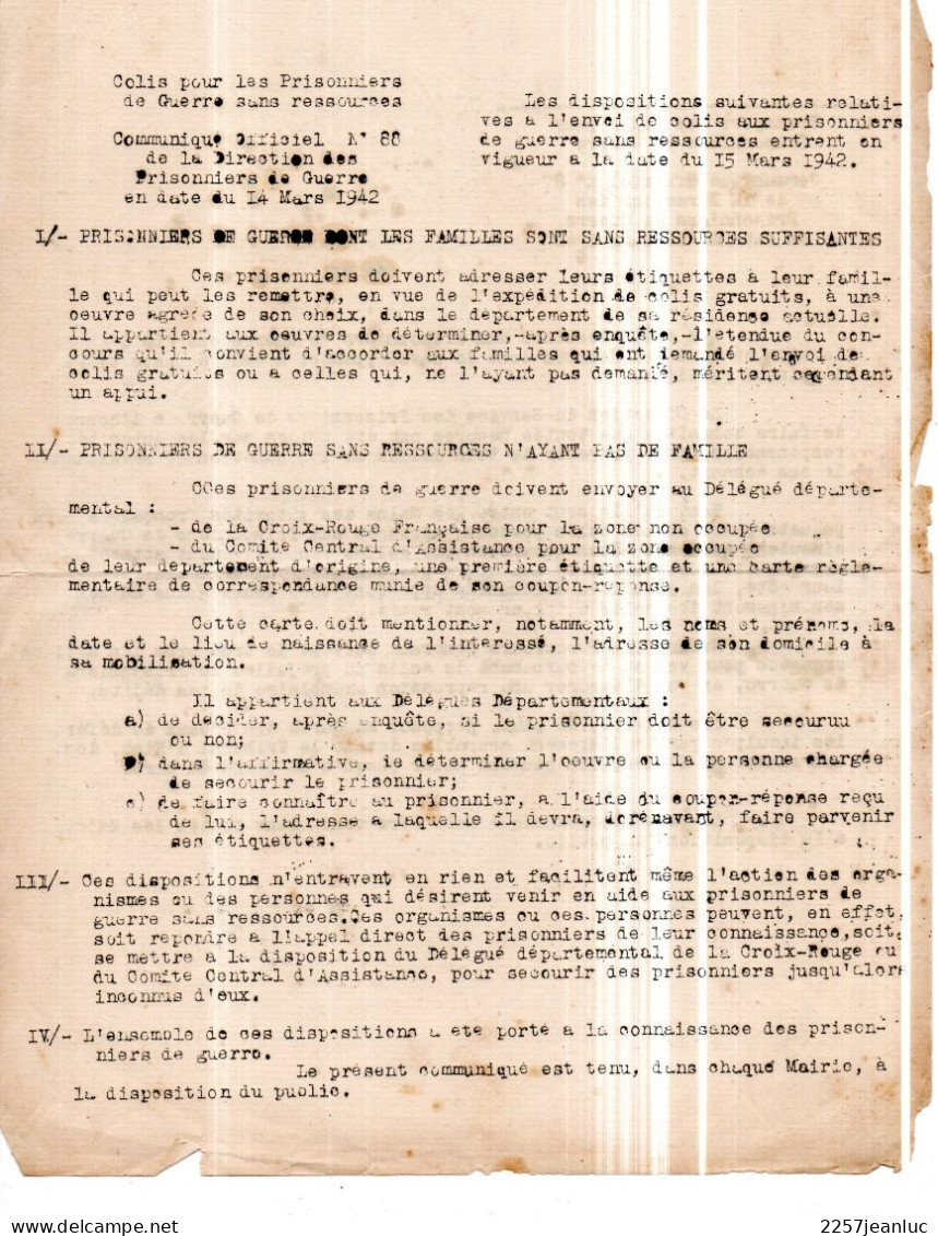 Communiqué Officiel N: 87 Et 88 Au Dos  De La Direction Des  Prisonniers De Guerre ... En Date Du 14  Mars  1942 - Décrets & Lois