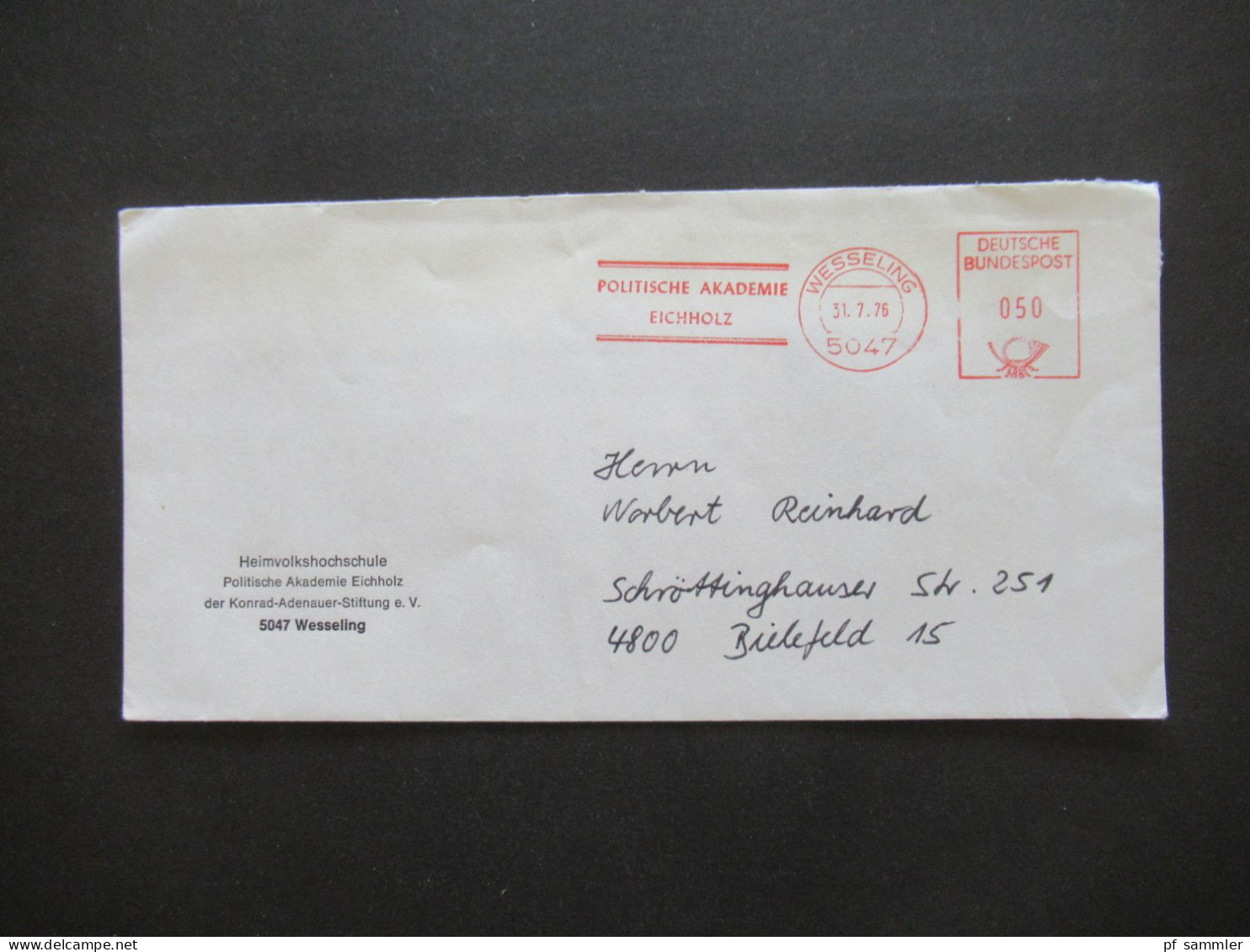 BRD 1976 AFS Absenderfreistempel Wesseling Politische Akademie Eichholz / Heimvolkshochschule Konrad Adenauer Stiftung - Briefe U. Dokumente