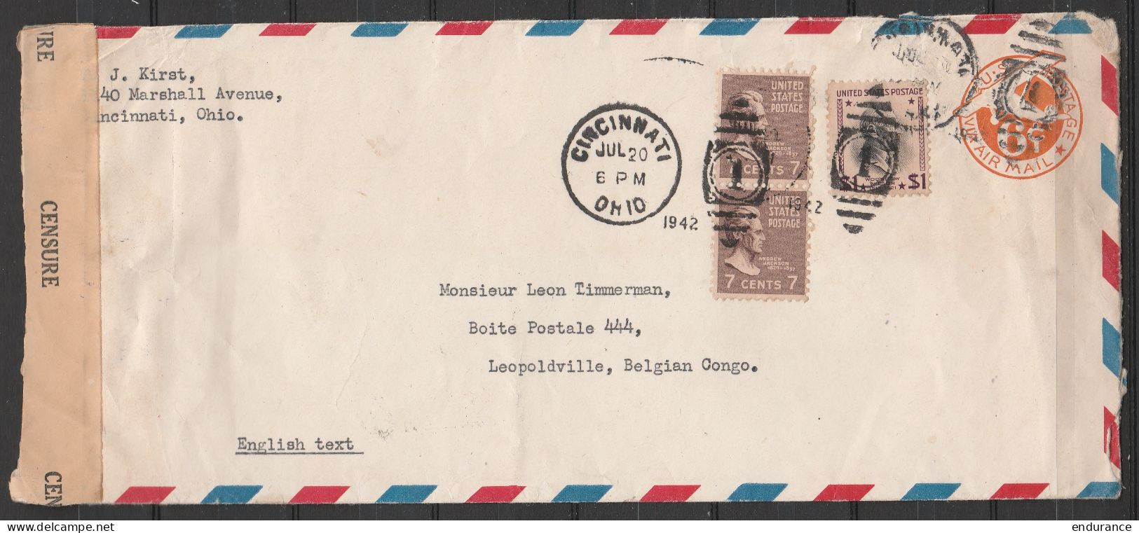 USA - L. Avion EP 6c + 1$14 Flam. CINCINNATI /JUL 20/ OHIO/ 1942 Pour LEOPOLDVILLE - Bande Censure CONGO BELGE 20 (au Do - Cartas & Documentos