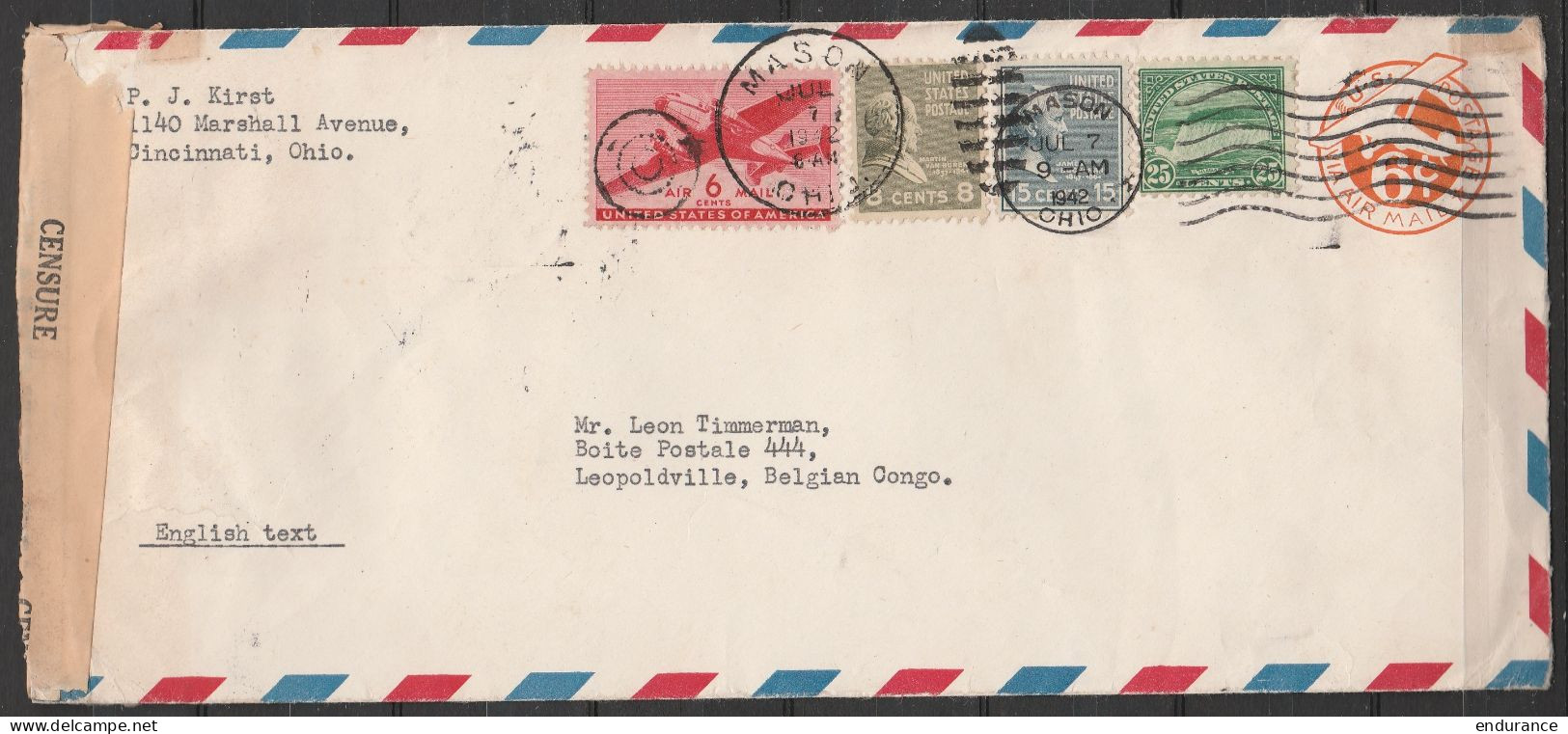 USA - L. Avion EP 6c + 54c Flam. MASON /JUL 7 1942 Pour LEOPOLDVILLE - Bande Censure CONGO BELGE 20 (au Dos: Càd LEOPOLD - Brieven En Documenten