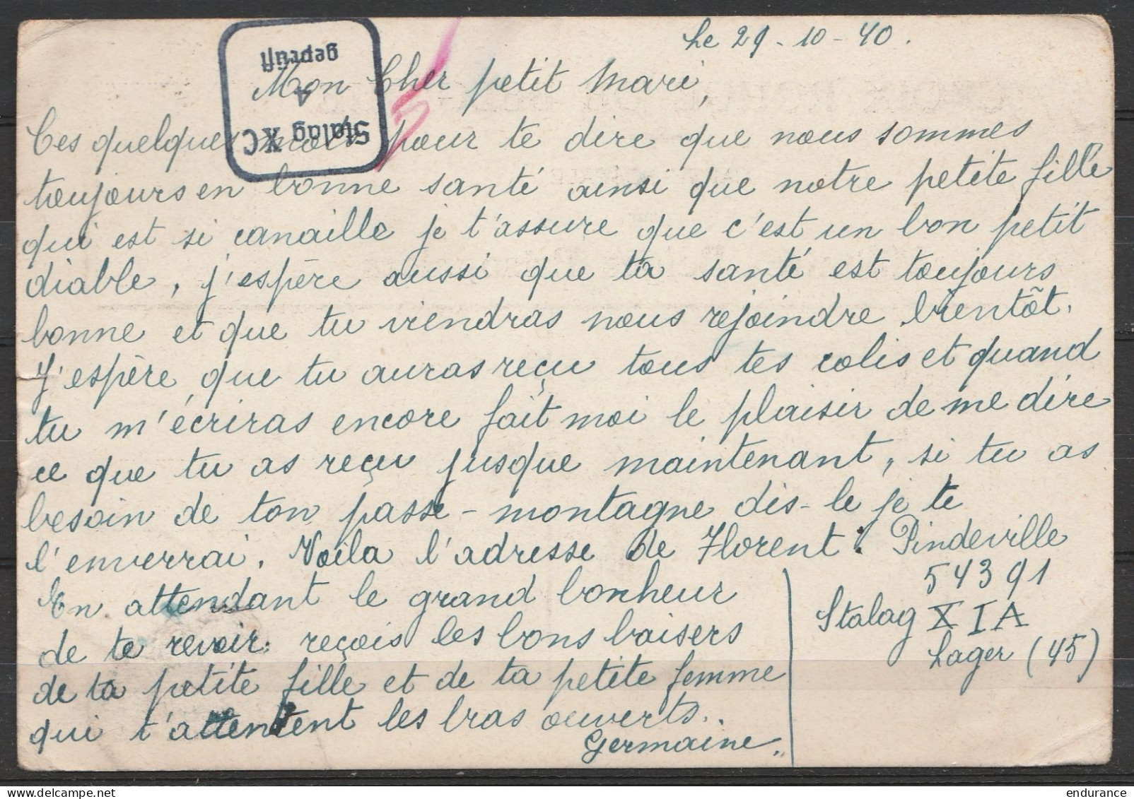 Carte Postale (Croix-Rouge) Pour Militaires Belges Prisonniers Càd TAILLIS-PRE /29 X 1940 Pour Stalag XC 296 - Cachet Ce - Prisioneros
