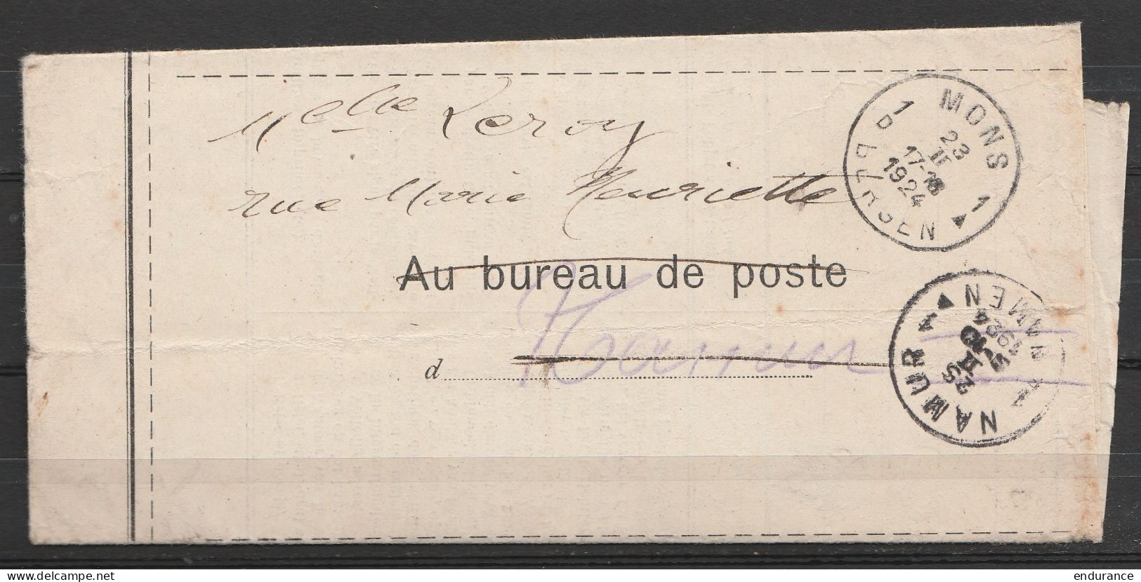 Avis De Réception Càd NAMUR /22 II 1924 De Lettre Pour MONS - Càd MONS /23 II 1924 - Retour NAMUR /25 II 1924 (accusé De - Cartas & Documentos