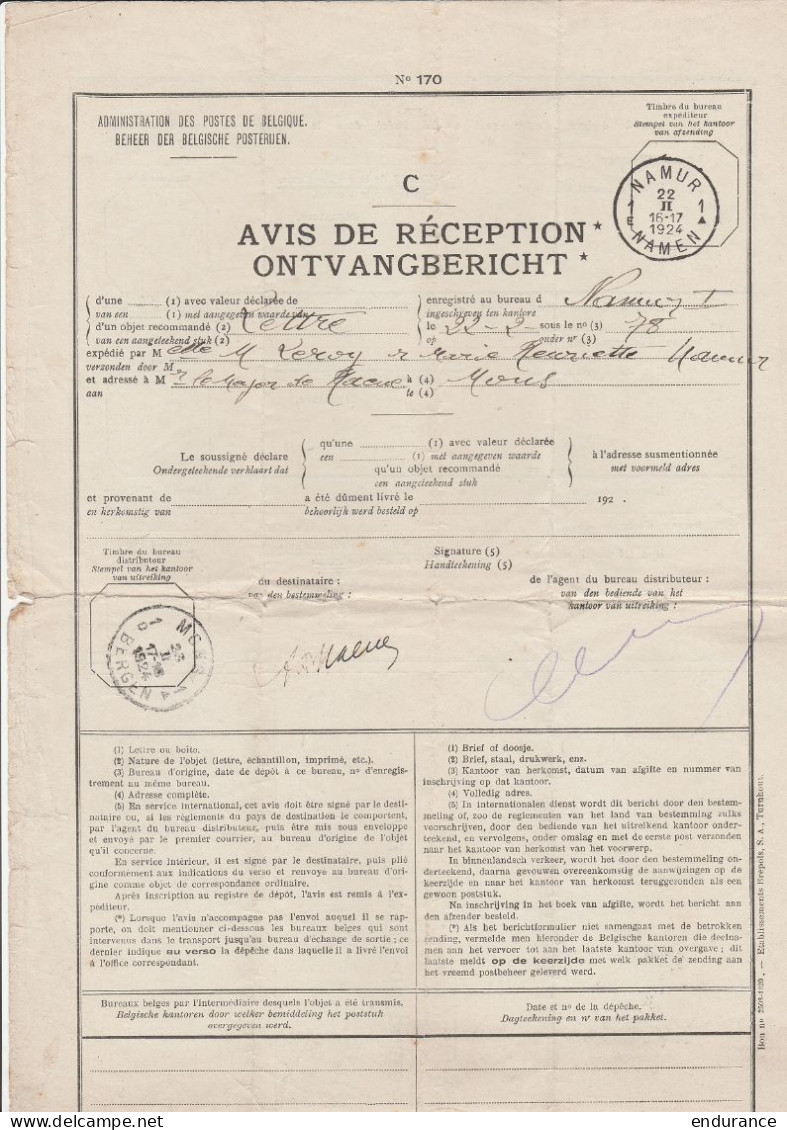 Avis De Réception Càd NAMUR /22 II 1924 De Lettre Pour MONS - Càd MONS /23 II 1924 - Retour NAMUR /25 II 1924 (accusé De - Cartas & Documentos