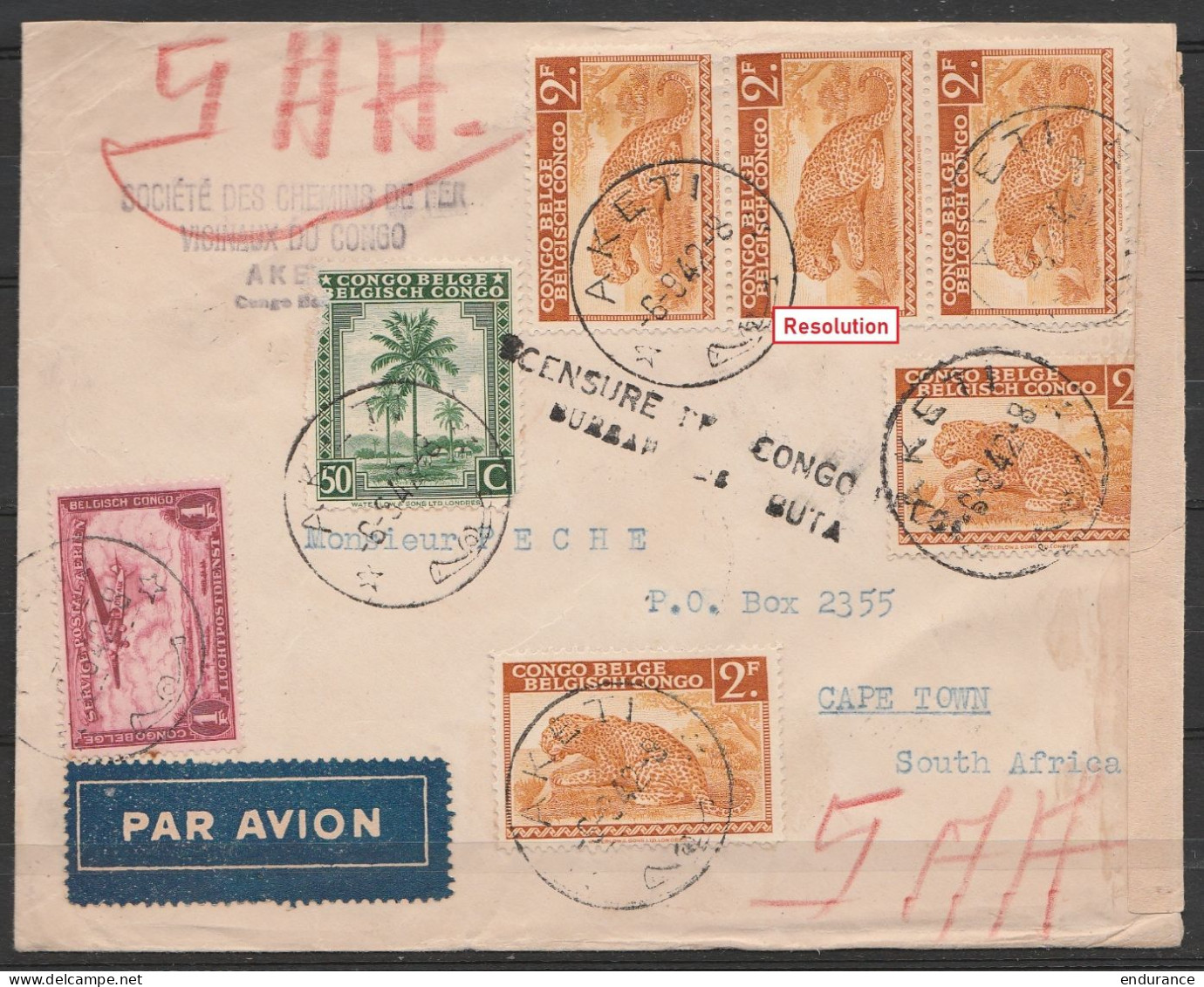 L. Avion Affr. N°254 + 260x5 + PA8 Càd AKETI /-6-8-1942 Pour CAPE TOWN - Griffe "CENSURE DU CONGO BELGE / BUREAU DE BUTA - Lettres & Documents