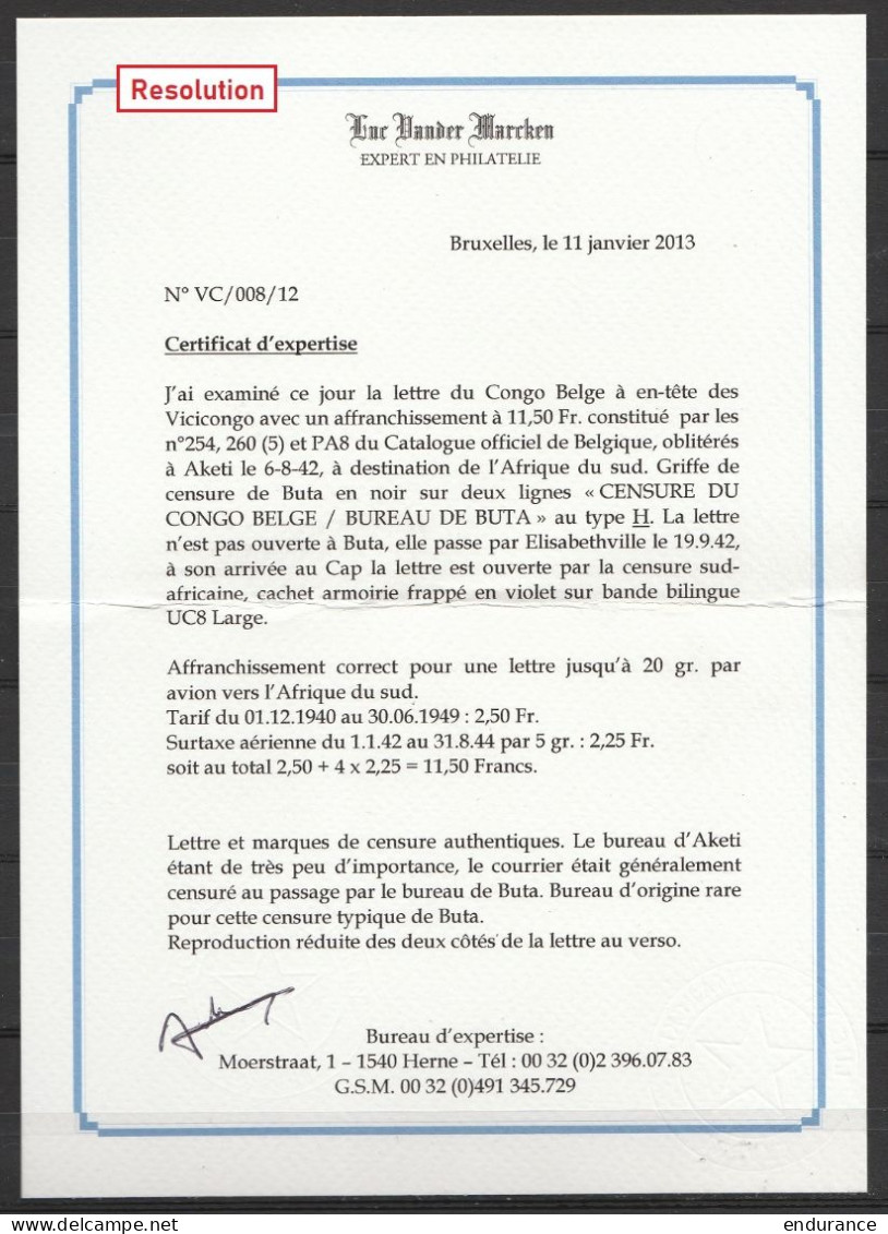 L. Avion Affr. N°254 + 260x5 + PA8 Càd AKETI /-6-8-1942 Pour CAPE TOWN - Griffe "CENSURE DU CONGO BELGE / BUREAU DE BUTA - Lettres & Documents