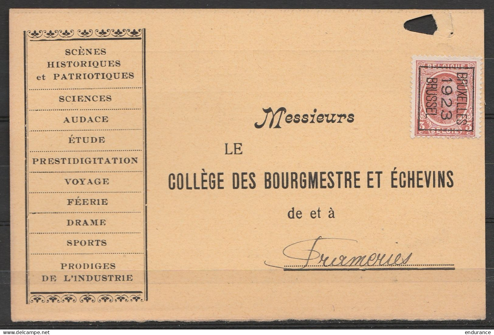 CP Pub (sans Talon Réponse) Entreprise De Spectacle Affr. PREO 3c Brun-rouge (N°192) [BRUXELLES / 1923 / BRUSSEL] Pour B - Typos 1922-31 (Houyoux)