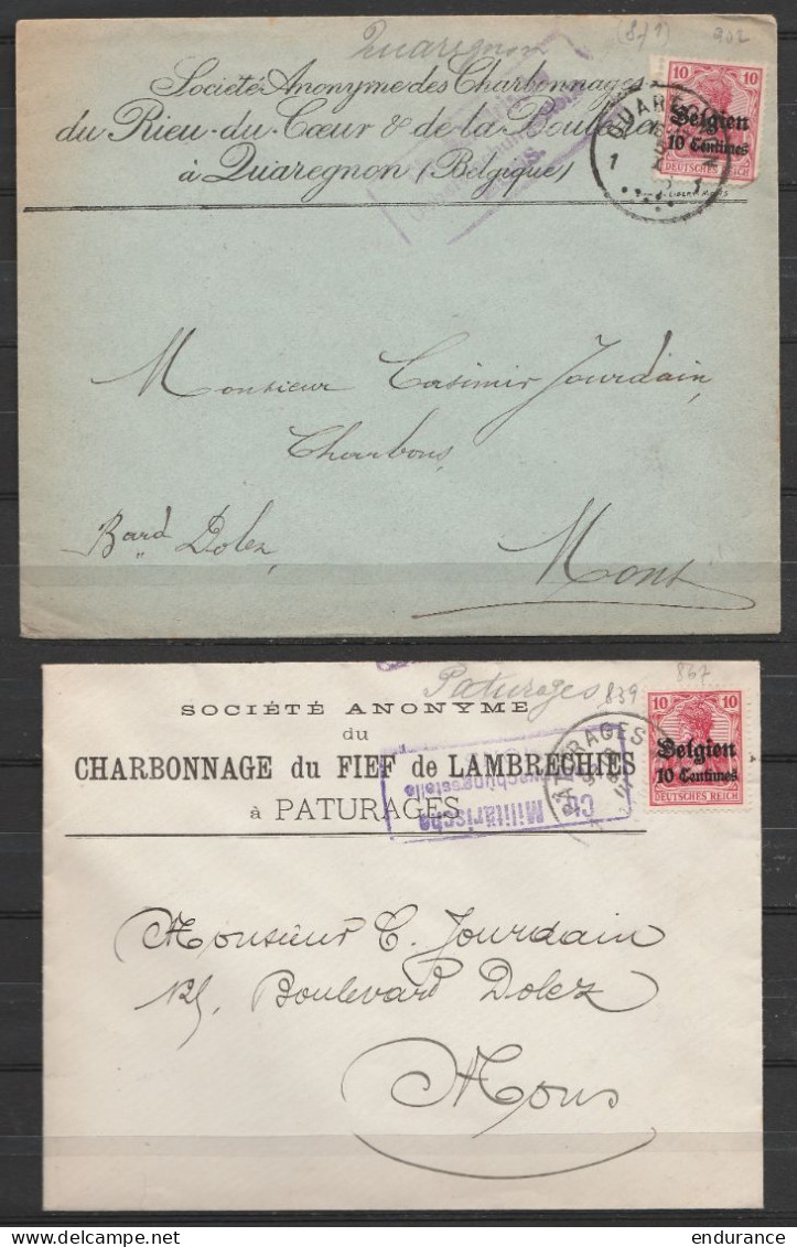 2 Lettres Entête Charbonnages Quaregnon Ert Pâturages Affr. N°OC3 Càd QUAREGON & PATURAGES 1916 Pour MONS - OC1/25 Gouvernement Général