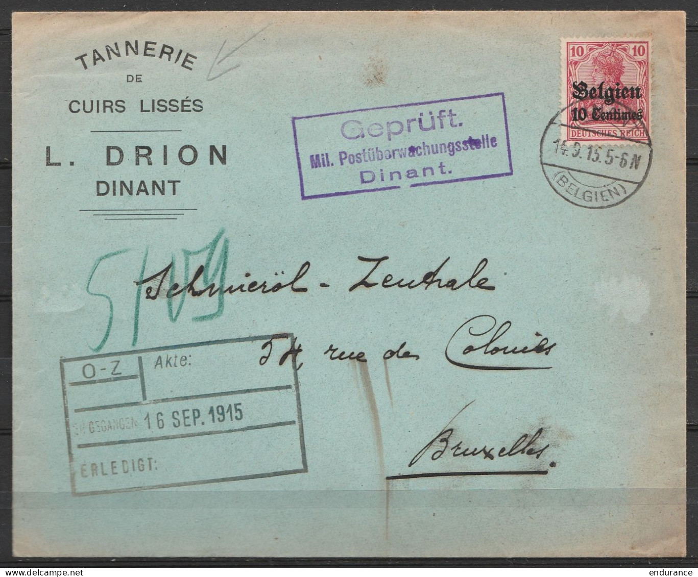 L. Entête "Tannerie Drion Dinant" Affr. N°OC3 Càpt "DINANT /14.9.1915/ (BELGIEN)" Pour BRUXELLES - Cachet Censure Milita - OC1/25 Generalgouvernement 