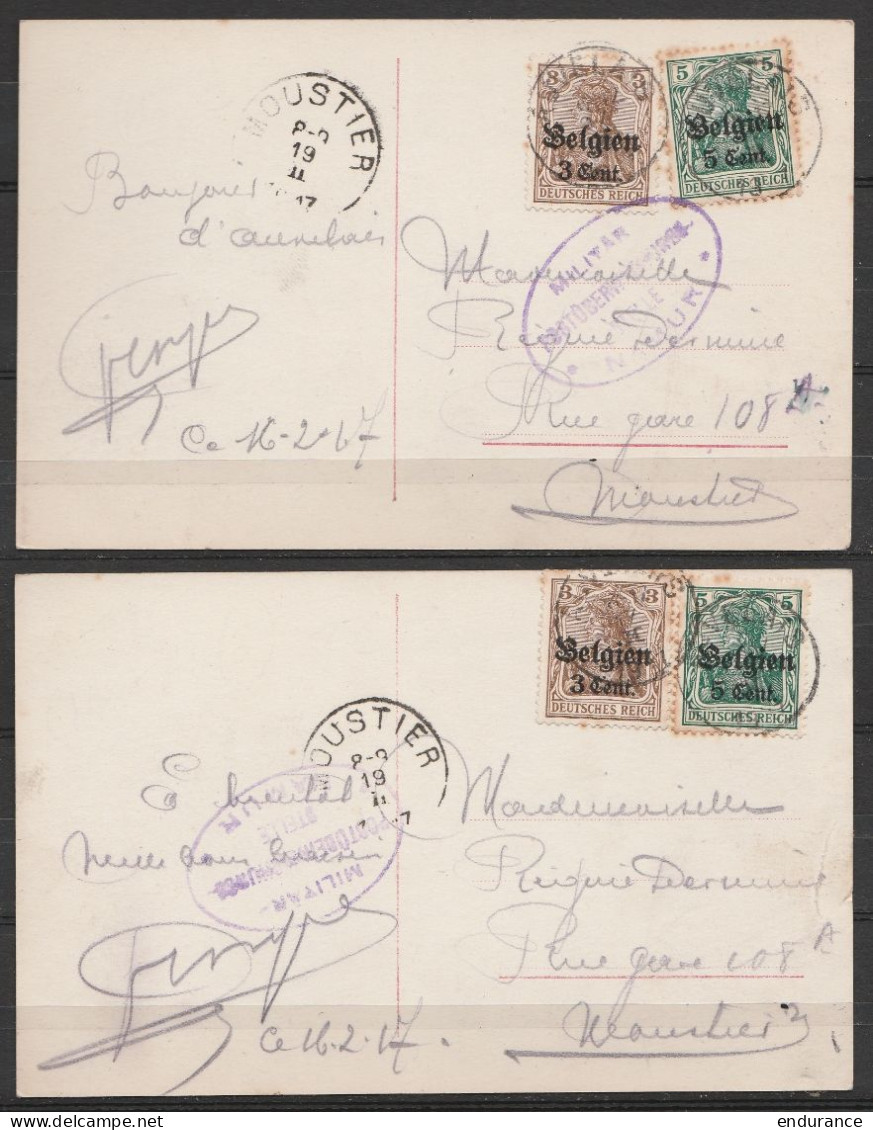 Lot De 2 Cp Femmes Avec Chapeau Affr. N°OC11+OC12 Càd BRUXELLES /1917 Pour MOUSTIER - Cachet Censure Militaire Allemande - OC1/25 Gouvernement Général