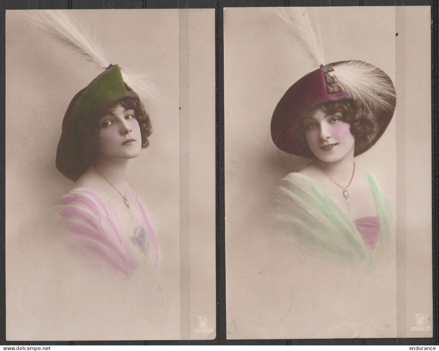 Lot De 2 Cp Femmes Avec Chapeau Affr. N°OC11+OC12 Càd BRUXELLES /1917 Pour MOUSTIER - Cachet Censure Militaire Allemande - OC1/25 Gouvernement Général