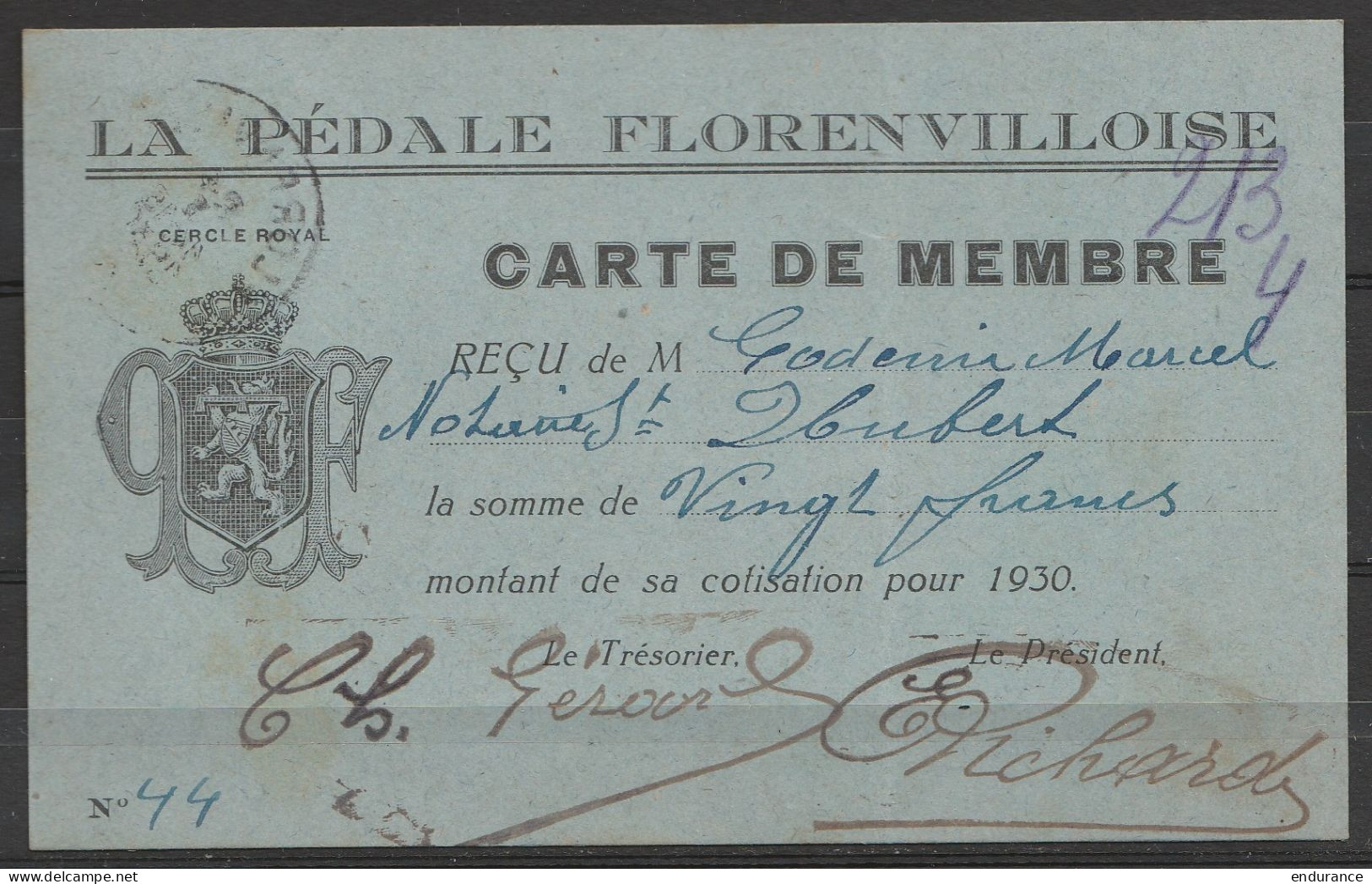 Carte De Membre "La Pédale Florentvilloise" (cyclisme) Affr. N°255 Càd FLORENVILLE /24 I 1930 Pour Notaire à ST-HUBERT - - 1922-1927 Houyoux