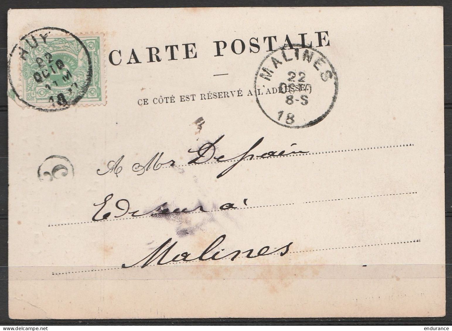 CP Libraire Charpentier & Edmond Affr. N°45 Càd HUY /22 OCT 1887 Pour MALINES - Càd Arrivée MALINES - Cartoline 1871-1909