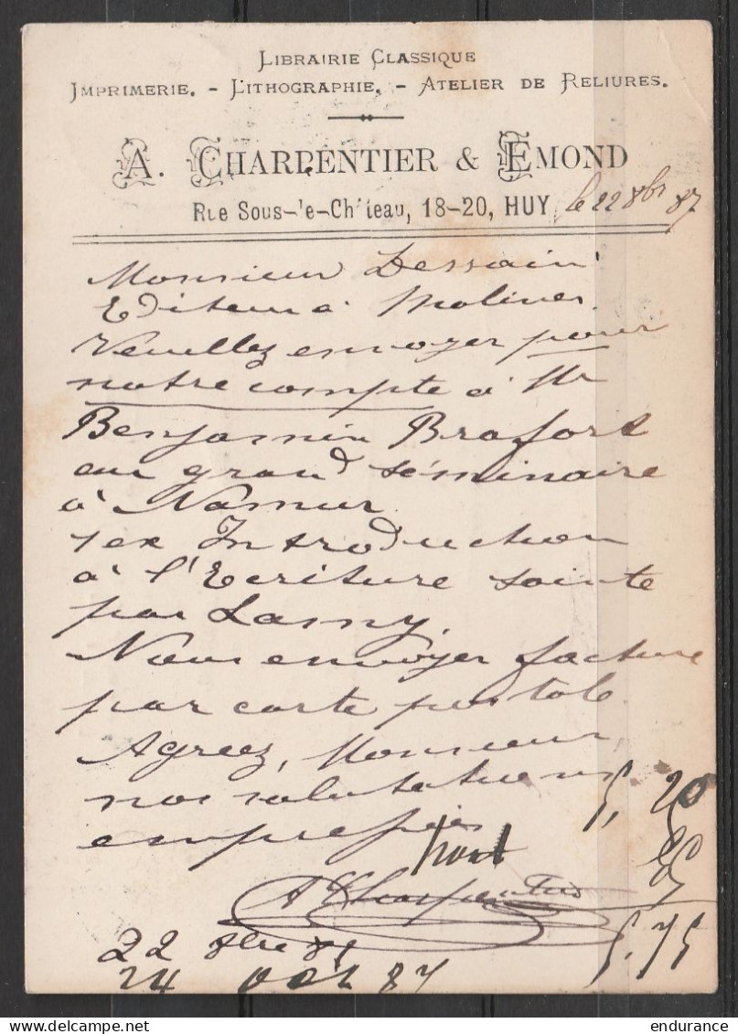 CP Libraire Charpentier & Edmond Affr. N°45 Càd HUY /22 OCT 1887 Pour MALINES - Càd Arrivée MALINES - Cartoline 1871-1909
