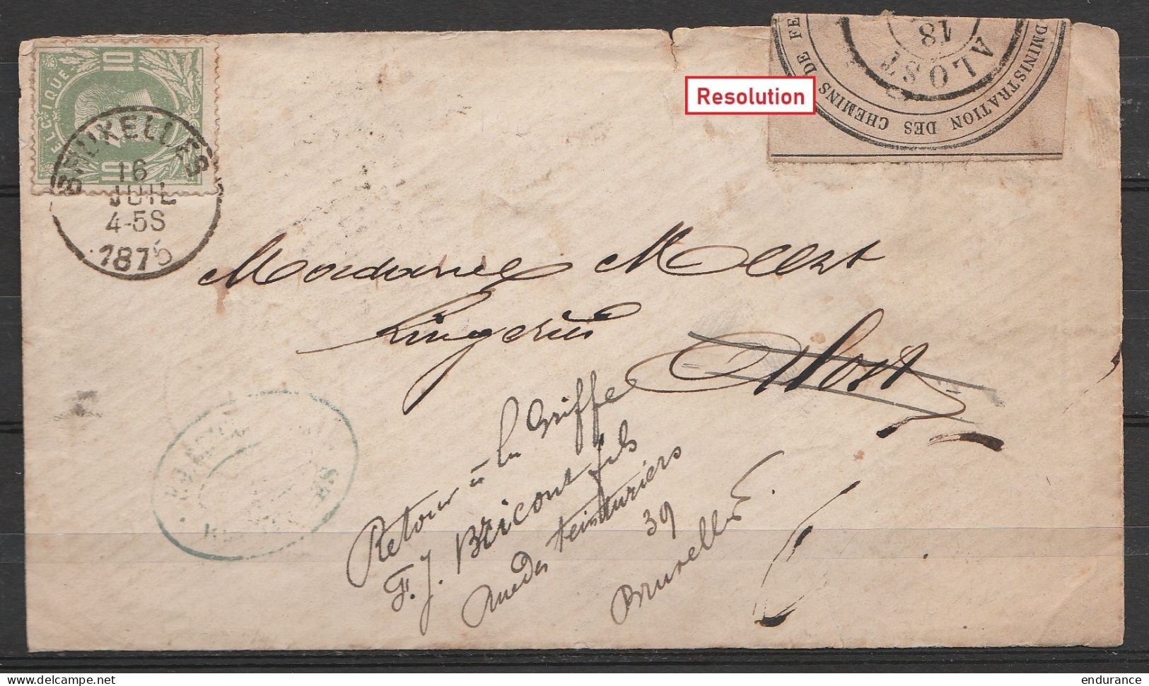 LSC Affr. N°30 Càd BRUXELLES /16 JUIL 1875 Pour ALOST - étiquet. De Fermeture Double Cercle Et Simple ALOST + "Inconnu"  - 1869-1883 Leopold II