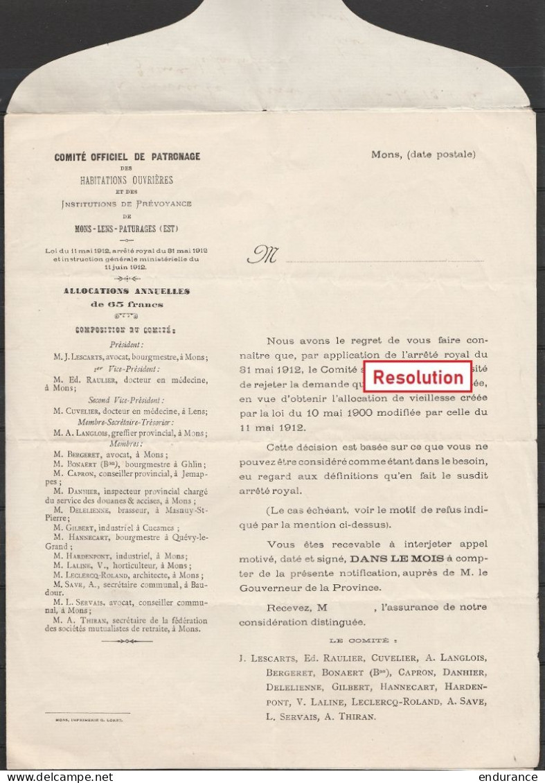 L. Imprimés Recommandée Affr. N°108+120 Càd MONS 1/18 XII 1912/ BERGEN 1 Pour FLENU (Comité Officiel De Patronage Des Ha - 1912 Pellens