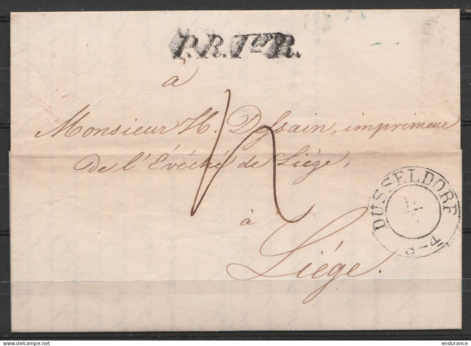 L. Datée 16 Juillet 1849 De Düsseldorf Càd "DUSSERLDORF /17/7" Pour Imprimeur De L'Evéché De Liège à LIEGE - Griffe "P.B - 1830-1849 (Independent Belgium)