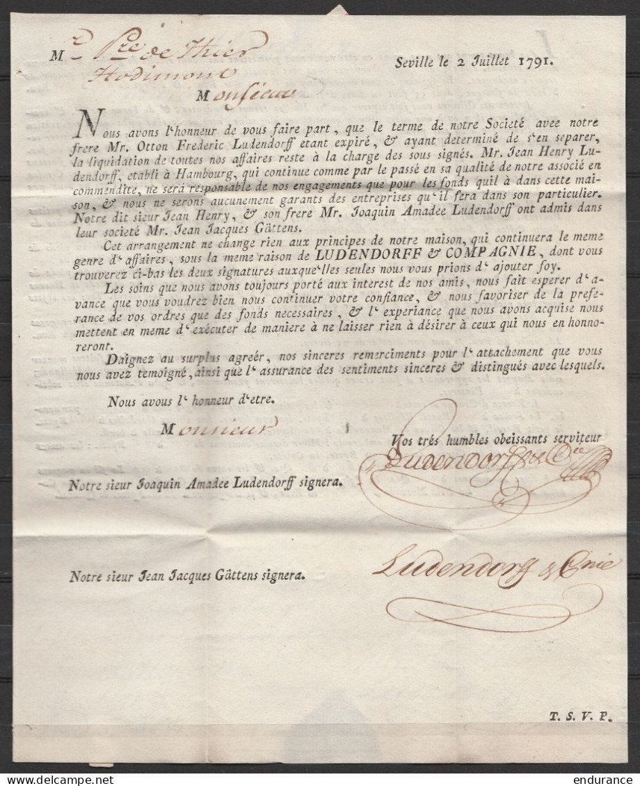 L. Imprimée Datée 2 Juillet 1791 De SEVILLE Signée Ludendorff Pour Pierre De Thier à HODIMONT - Griffe "S./ANDALUCIA/VAX - 1714-1794 (Pays-Bas Autrichiens)