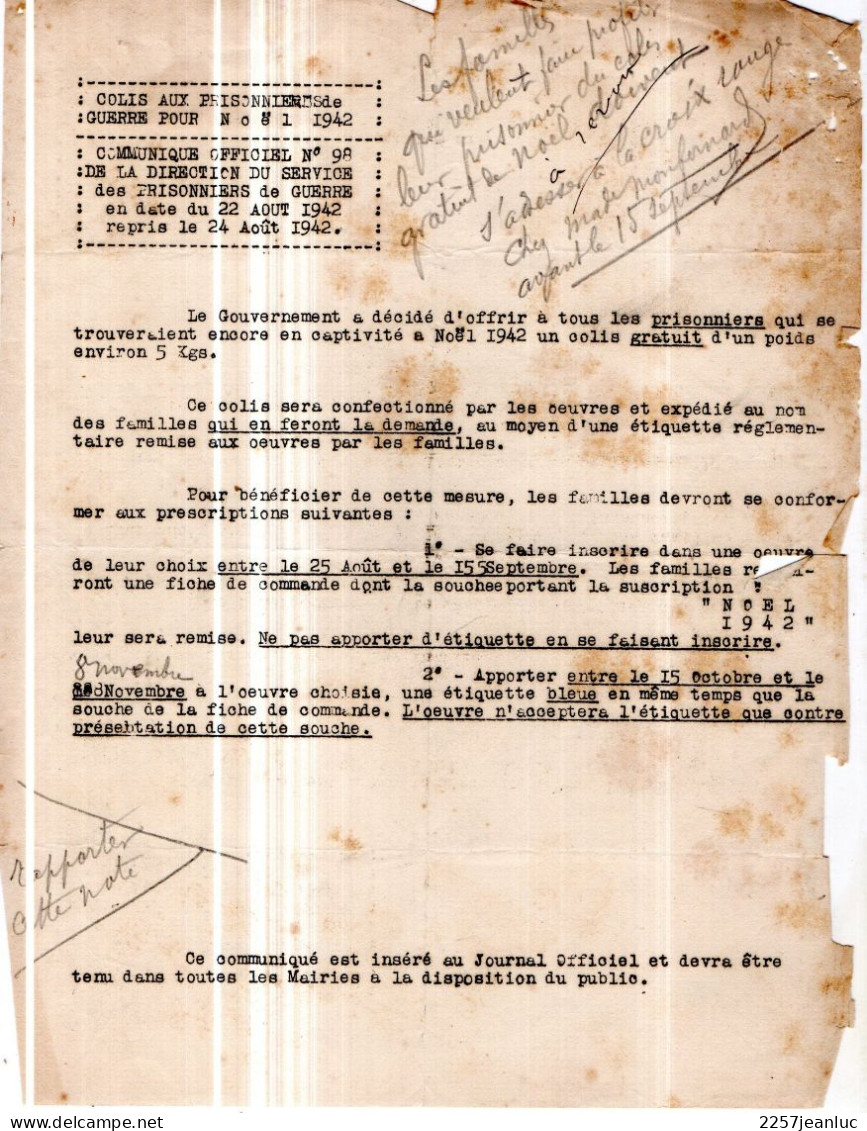 Communiqué Officiel N: 98   Colis Aux Prisonniers De Guerre ... En Date Du 24  Aout  1942 - Decreti & Leggi