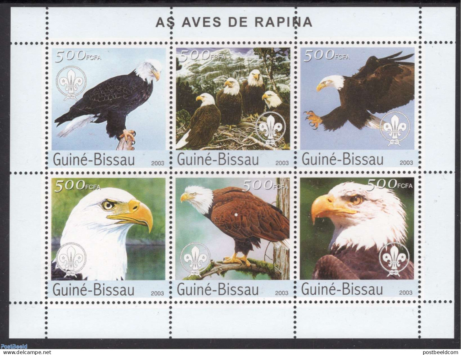 Guinea Bissau 2003 Birds Of Prey, Scouting 6v M/s, Mint NH, Nature - Sport - Birds - Birds Of Prey - Scouting - Guinée-Bissau