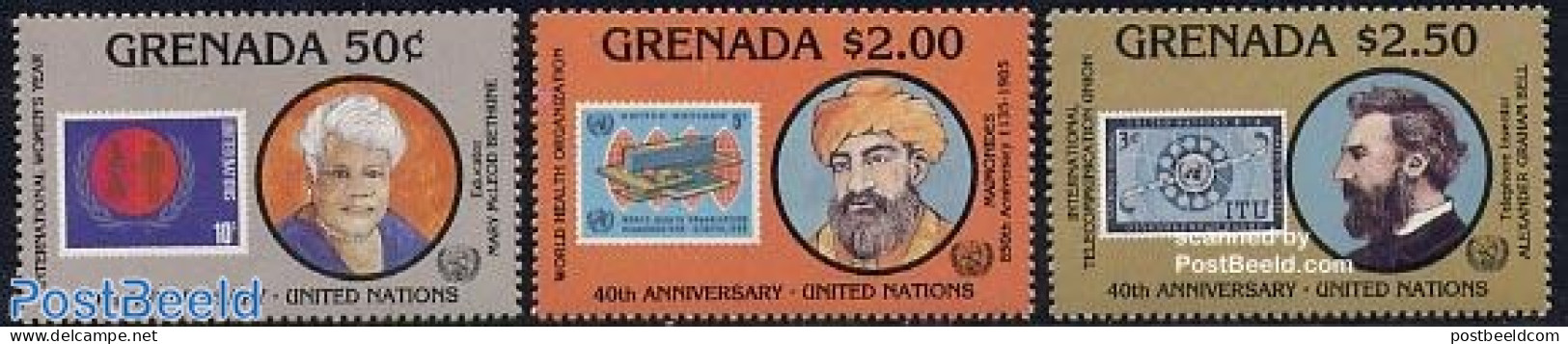 Grenada 1985 40 Years UNO 3v, Mint NH, Health - History - Science - Health - United Nations - Telephones - Stamps On S.. - Télécom