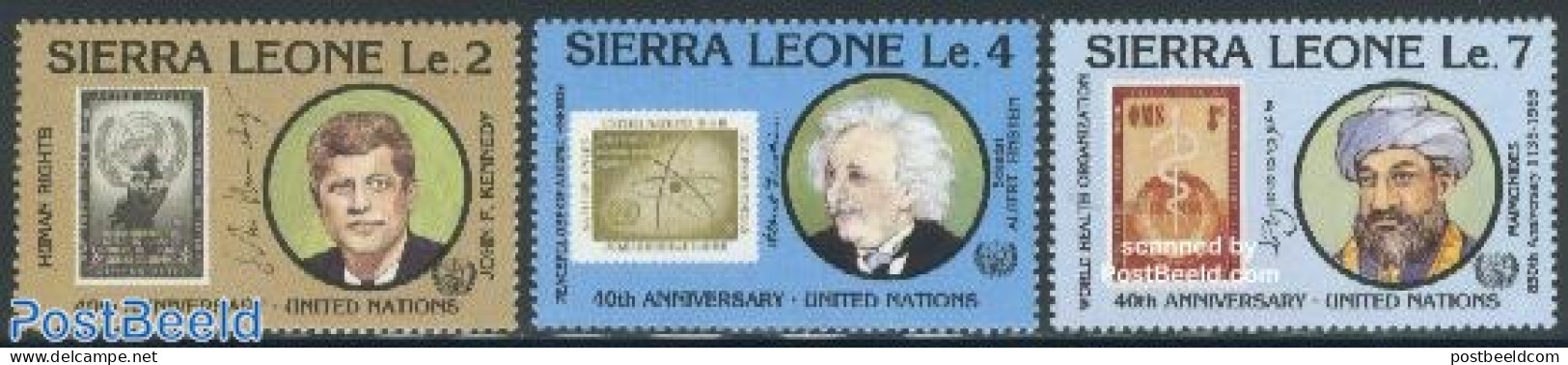 Sierra Leone 1985 40 Years U.N.O. 3v, Mint NH, Health - History - Science - Health - American Presidents - Nobel Prize.. - Nobel Prize Laureates