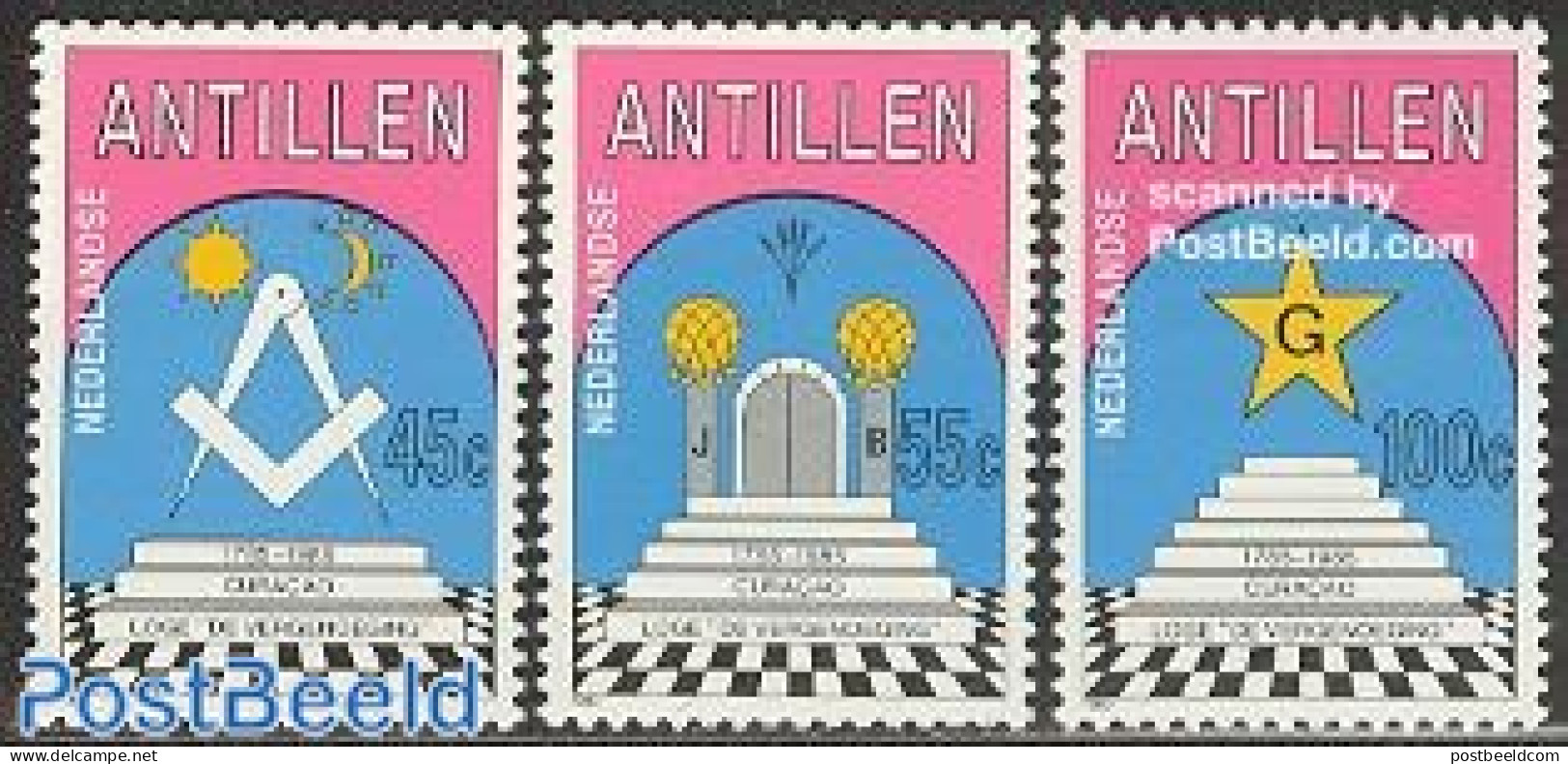 Netherlands Antilles 1985 Freemasonry 3v, Mint NH, Various - Freemasonry - Franc-Maçonnerie