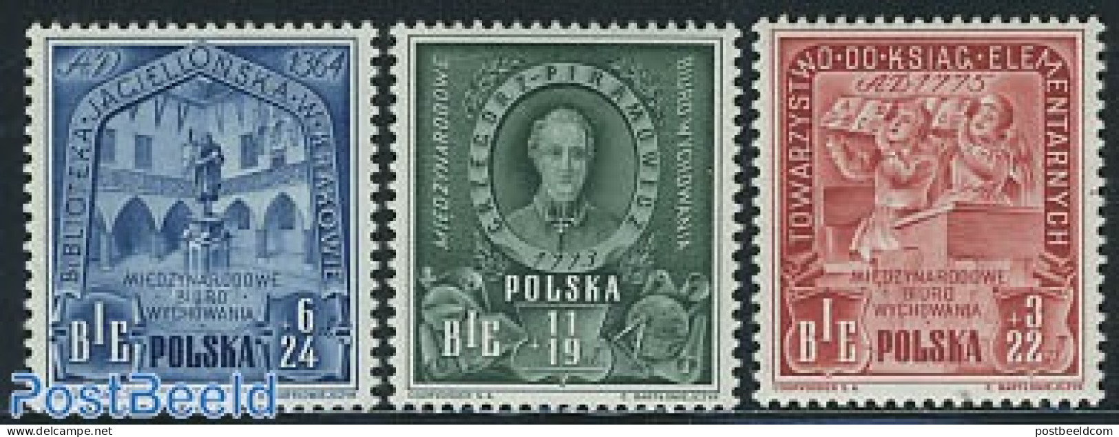 Poland 1946 International Education Bureau 3v, Unused (hinged), Science - Education - Unused Stamps