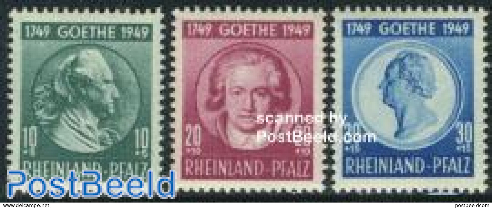 Germany, French Zone 1949 Rheinland-Pfalz, Goethe 3v, Unused (hinged), Art - Authors - Schriftsteller