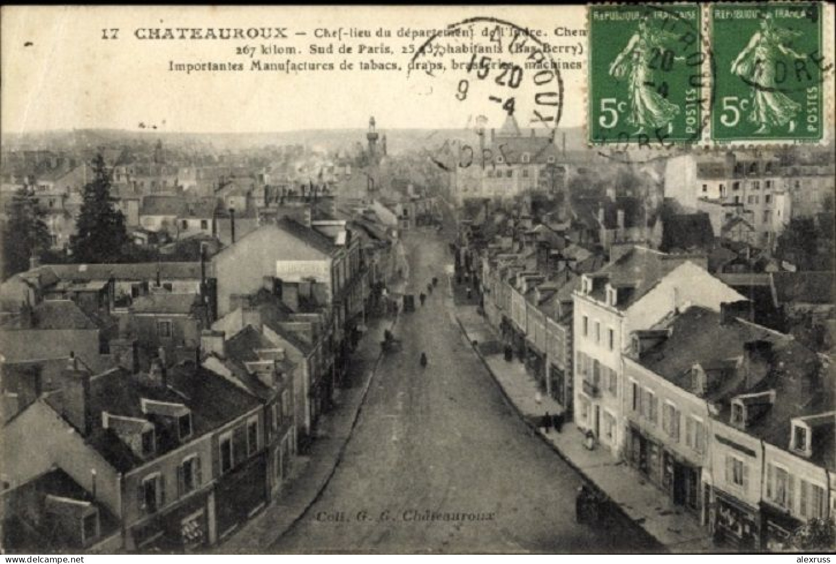 France Postcard 1918 Châteauroux Indre, View Of The City, Commercial Buildings, Posted - Chateauroux