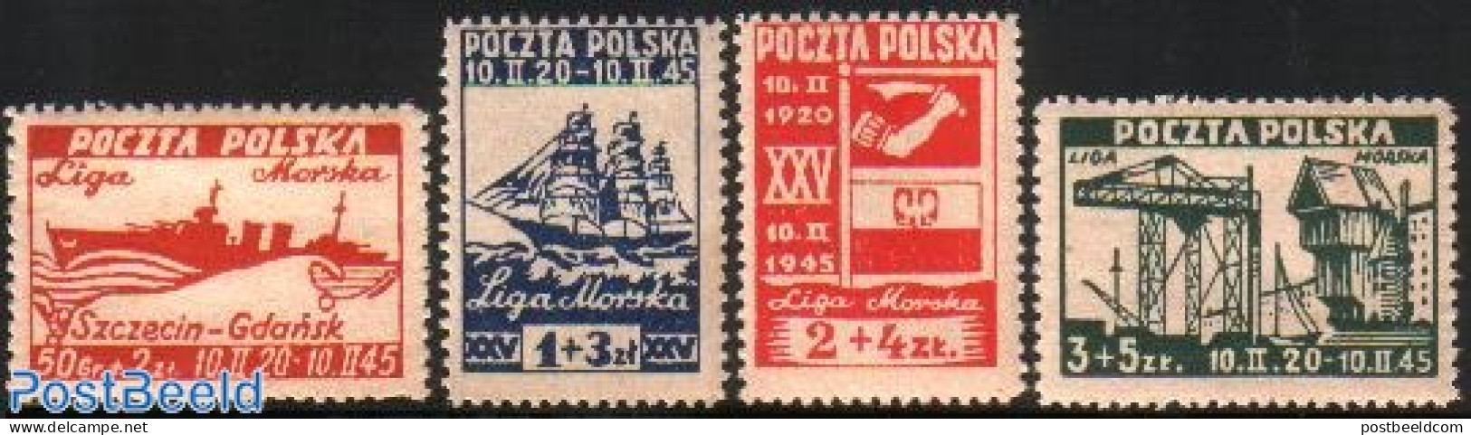Poland 1945 Liga Morska 4v, Mint NH, History - Transport - Flags - Ships And Boats - Nuovi