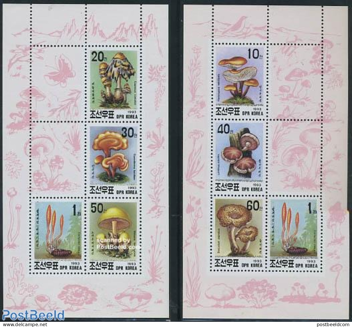 Korea, North 1993 Mushrooms 7v In 2 M/ss, Mint NH, Nature - Mushrooms - Mushrooms