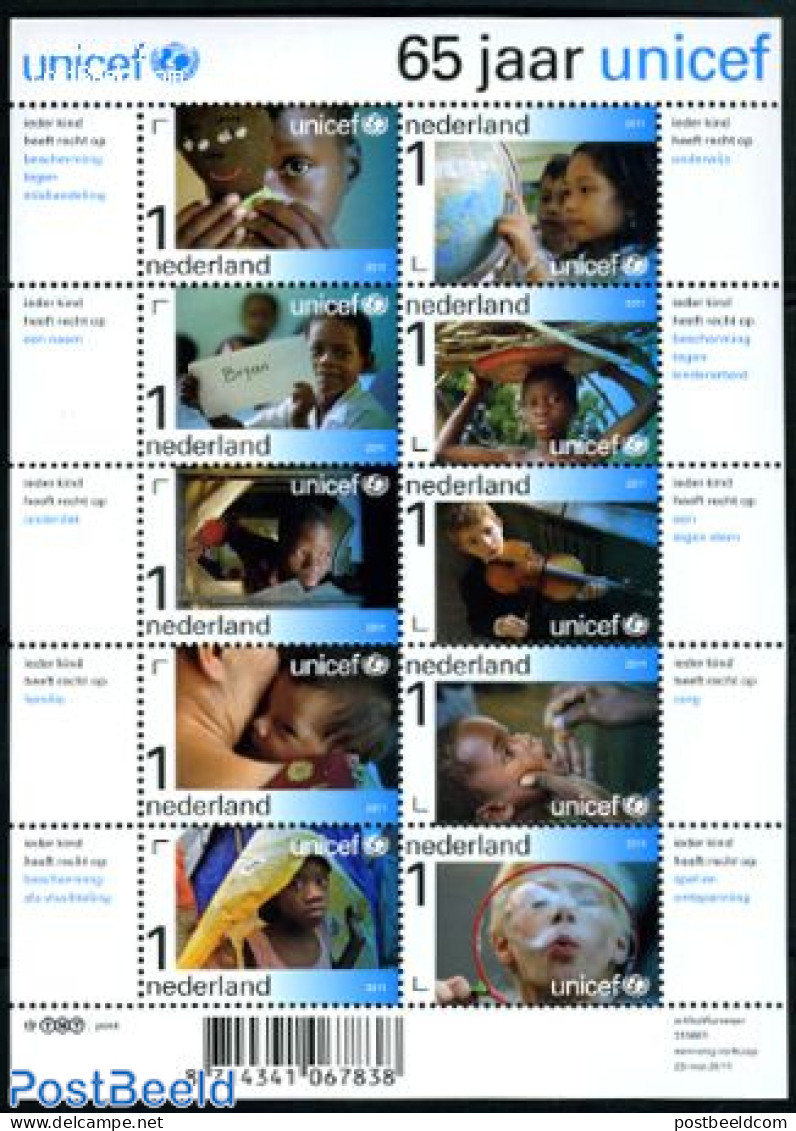Netherlands 2011 65 Years UNICEF 10v M/s, Mint NH, History - Performance Art - Various - Unicef - Music - Globes - Unused Stamps