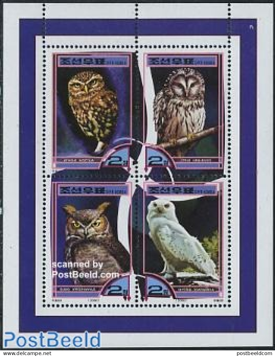 Korea, North 2000 Owls 4v M/s, Mint NH, Nature - Birds - Birds Of Prey - Owls - Corée Du Nord