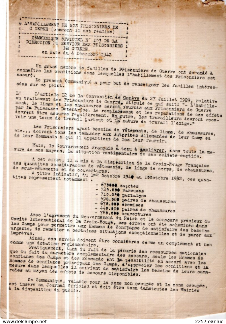 Communiqué Officiel N: 103 Sur L'habillement  Des  Prisonniers De Guerre ... En Date Du 4 Décembre 1942 - Wetten & Decreten