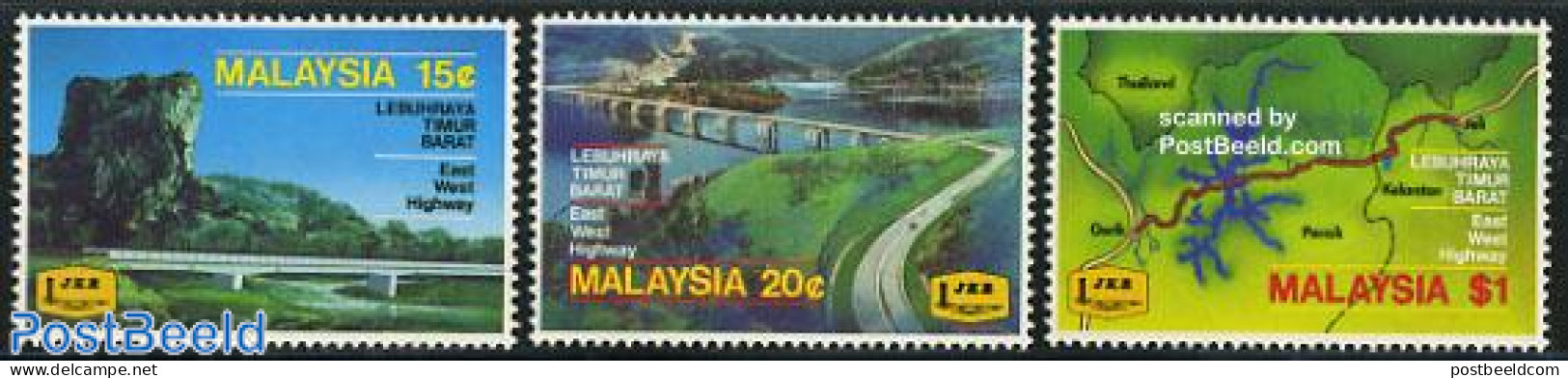 Malaysia 1983 East-West Highway 3v, Mint NH, Various - Maps - Art - Bridges And Tunnels - Géographie