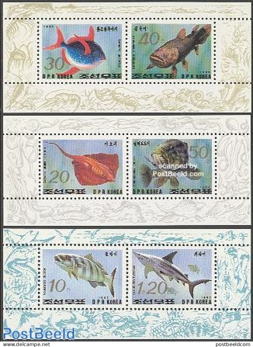 Korea, North 1993 Naposta, Fish 3x2v M/s, Mint NH, Nature - Fish - Sharks - Poissons