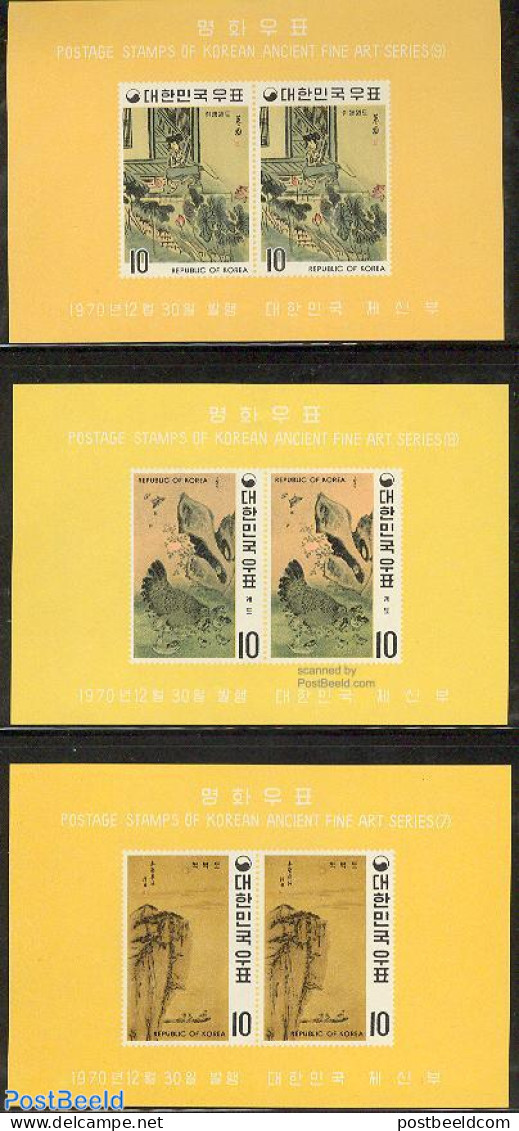 Korea, South 1970 Y-Dynasty Paintings 3 S/s Imperforated, Mint NH, Nature - Performance Art - Birds - Music - Art - Pa.. - Musique