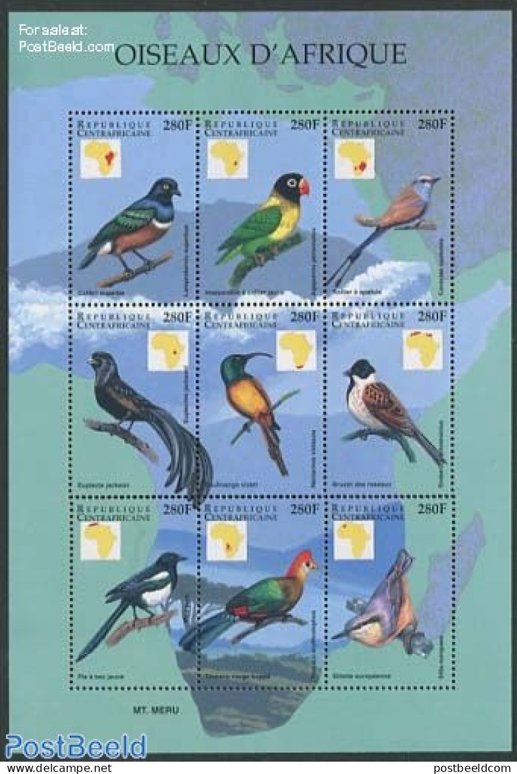 Central Africa 1999 African Birds 9v M/s (9x280F), Mint NH, Nature - Various - Birds - Maps - Aardrijkskunde