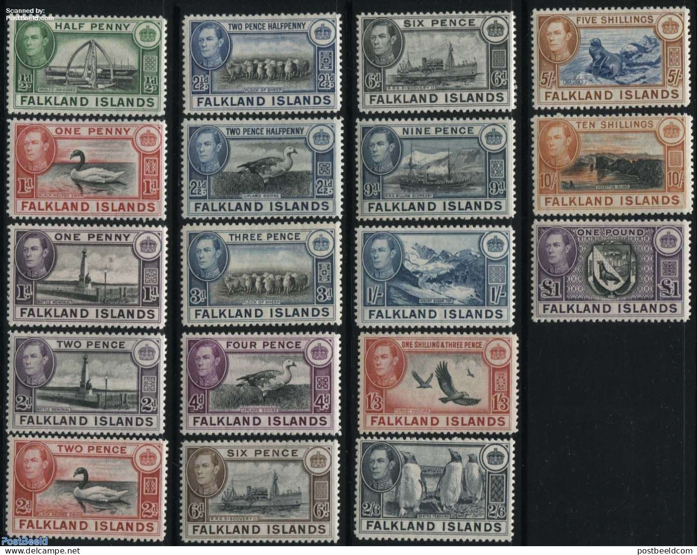 Falkland Islands 1938 Definitives 18v, Unused (hinged), History - Nature - Transport - Coat Of Arms - Birds - Ducks - .. - Schiffe