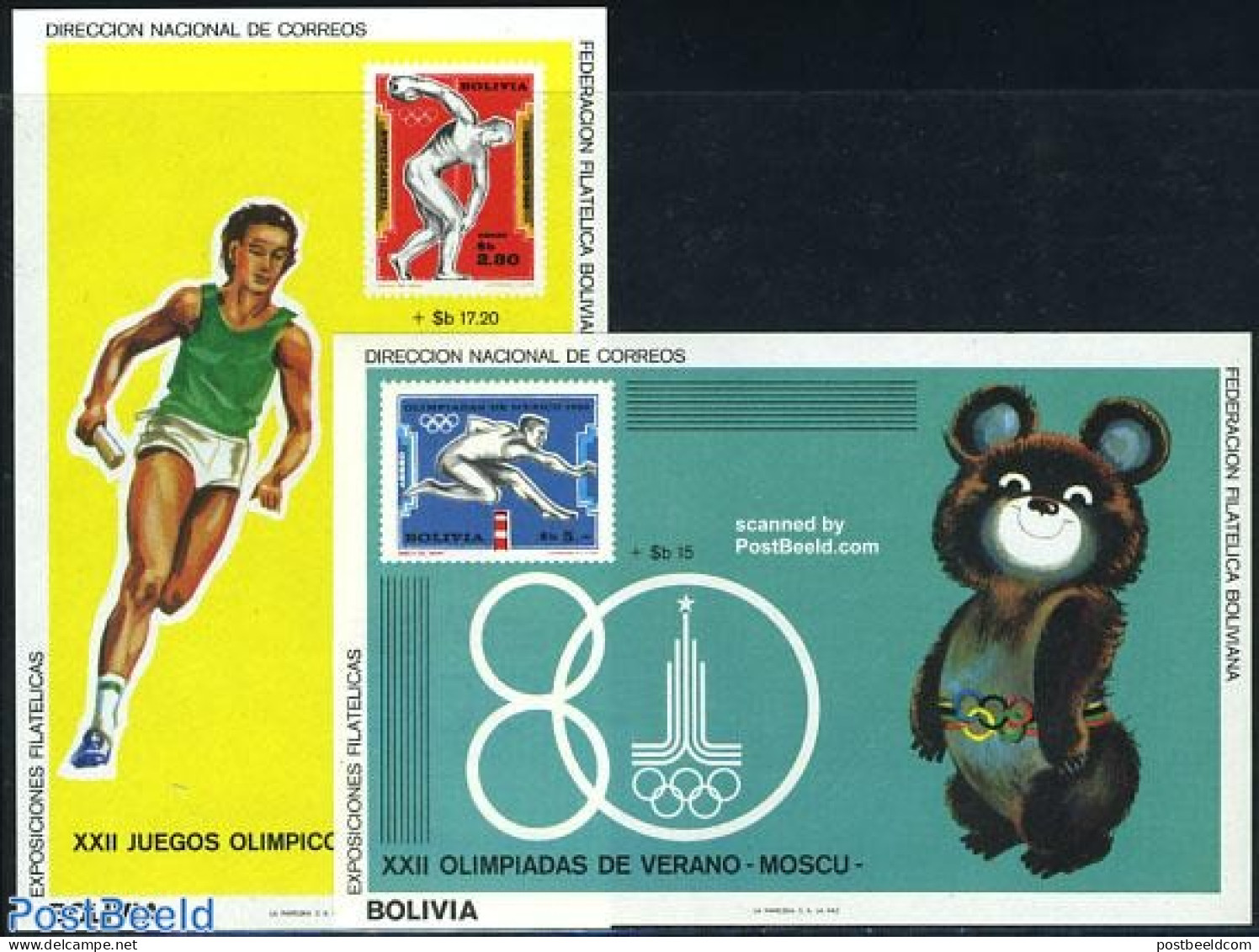 Bolivia 1980 Olympic Games Moscow 2 S/s, Mint NH, Sport - Stamps On Stamps - Stamps On Stamps