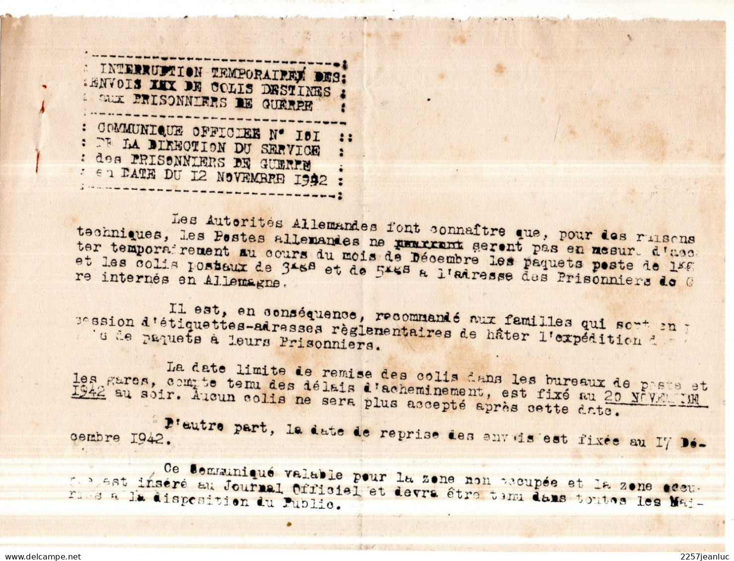 Communiqué Officiel N: 101 Interruption Temporaire Des Colis Auxs  Prisonniers De Guerre ... En Date Du 12 Novembre 1942 - Décrets & Lois